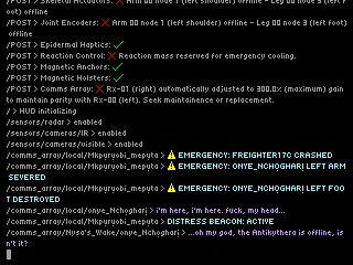 /tool/vehicle > Connection re-established with Freighter_17c \n /tool/Freighter_17c > Synchronizing sensor data with pilot \n /tool/Freighter_17c > Freighter_17c Disabled: ❌ Several critical subsystems offline \n /tool/Freighter_17c > Autopilot disabled \n /comms_array/local/onye_Nchọgharị > 'Several subsystems offline', no shit. i don't think we're gonna be able to recover much from this thing. looks like even its core was dumped, glad it failed safe.
