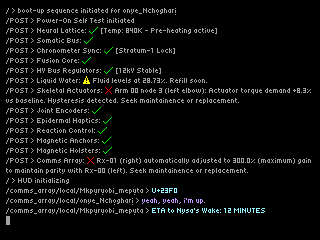 /comms_array/Nysa's_Wake/Antikythera > Cognitive function measured within variance (101.53% compared to baseline). \n /comms_array/Nysa's_Wake/Antikythera > Good Morning, onye Nchọgwụ̀ \n /comms_array/Nysa's_Wake/onye_Nchọgharị > gm to you, too.