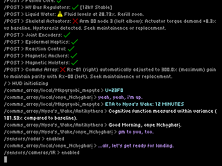 /comms_array/local/onye_Nchọgharị > ...alr, let's get ready for landing. \n /sensors/cameras/IR > enabled \n /comms_array/Nysa's_Wake/onye_Nchọgharị > Antikythera, can we get a bay? \n /comms_array/Nysa's_Wake/Antikythera > Starboard Bay 9J is available. Dr. Agnès Lemaître will be arriving within the hour to begin loading her lab onto your freighter. \n /comms_array/Nysa's_Wake/onye_Nchọgharị > eh? why are we running that, wouldn't she prefer somebody from the Research Logistics team? \n /comms_array/Nysa's_Wake/Antikythera > Dr. Lemaître preferred your support. No other pilot is assigned. \n /sensors/cameras/visible > enabled \n /comms_array/local/onye_Nchọgharị > well, don't argue with the Doc. \n /comms_array/local/Mkpụrụobi_mepụta > U+1F469U+200DU+1F52C \n /comms_array/local/onye_Nchọgharị > of course you're excited, she's always sweet on you.