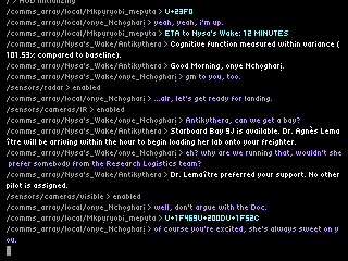 /tool/vehicle > connection established with Freighter_17c \n /tool/Freighter17c > Synchronizing sensor data with pilot \n /tool/Freighter17c > Autopilot enabled, ready for manual handoff \n /comms_array/local/onye_Nchọgharị > i've got the ship. all good for landing, Obi? \n /comms_array/local/Mkpụrụobi_mepụta > bay lock 5: ⚠️ INTERMITTENT FAULT \n /comms_array/local/onye_Nchọgharị > tsk. not ideal, but surely the Doc won't have packed us all the way to the brim. we'll manage.